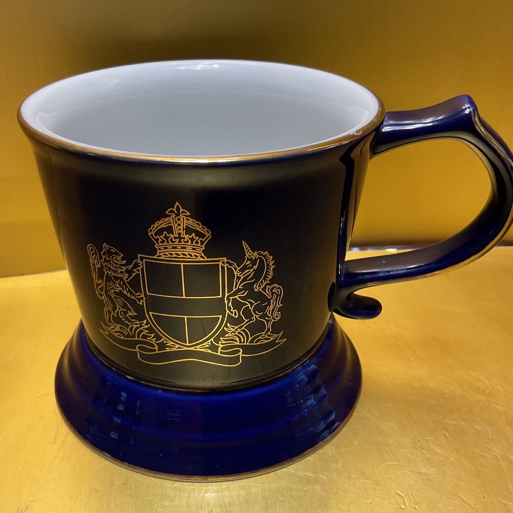 Royal London Cobalt Blue Ceramic Shaving Scuttle Mug Gold Coat of Arms Vintage